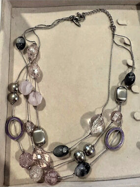New York & Company Statement Beaded Necklace in Silver & Purple